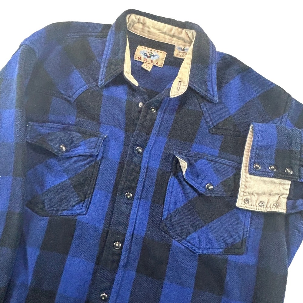 Vintage Heavy Flannel Shirt XL Blue Black Buffalo Plaid Pearl Snap Painted Mesa